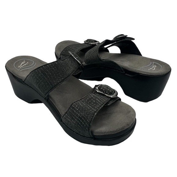 Dansko Sophie Pewter Black Leather Chunk Heel Slide Sandals Size 38 Women's - Picture 1 of 9